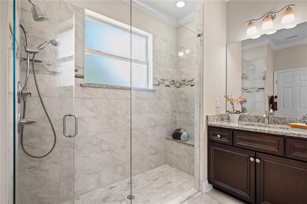 Bathroom, Glass Shower, Interior, Marble Walls, Recessed Lighting