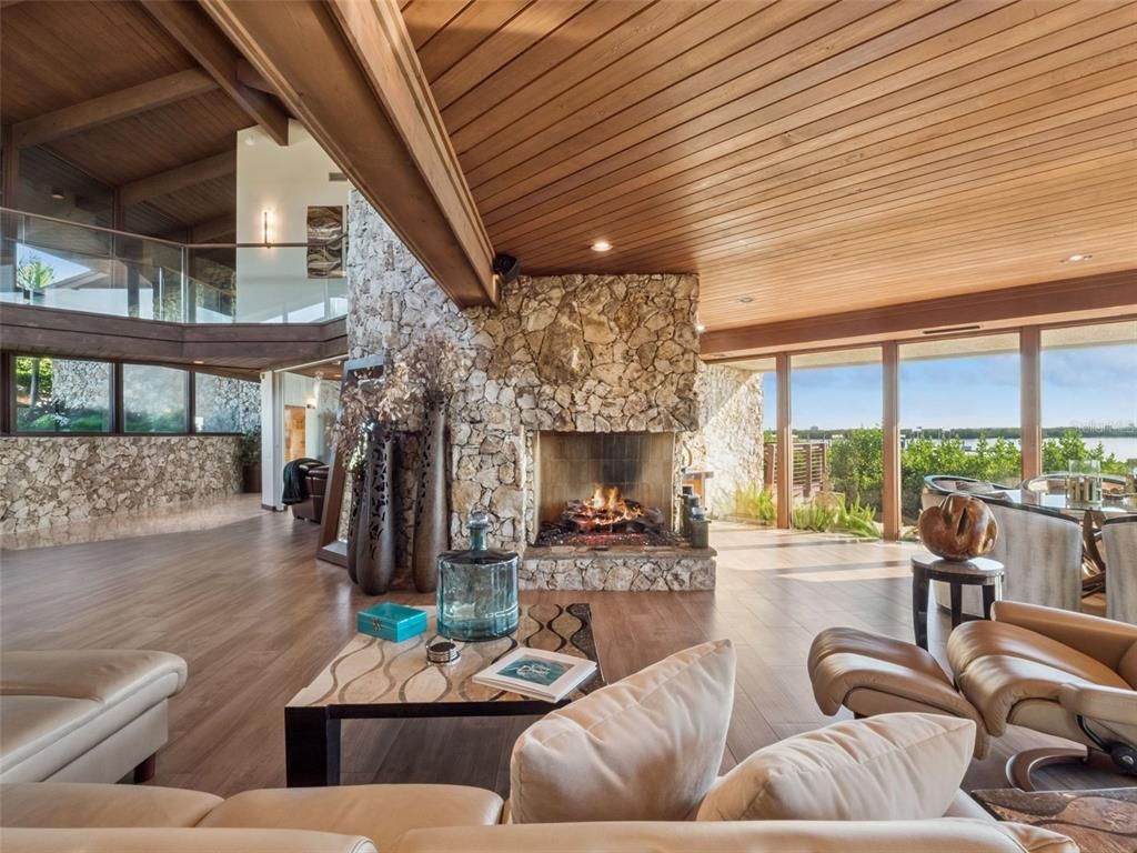 Fireplace, Interior, Living room, Recessed Lighting, Stone Walls, Water, Wooden Beams, Wooden Ceilings, Wood Texture Flooring