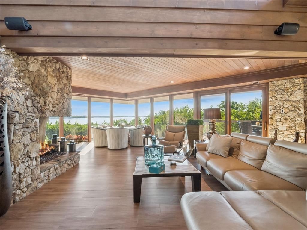 Fireplace, Interior, Living room, Recessed Lighting, Stone Walls, Wooden Beams, Wooden Ceilings, Wood Texture Flooring