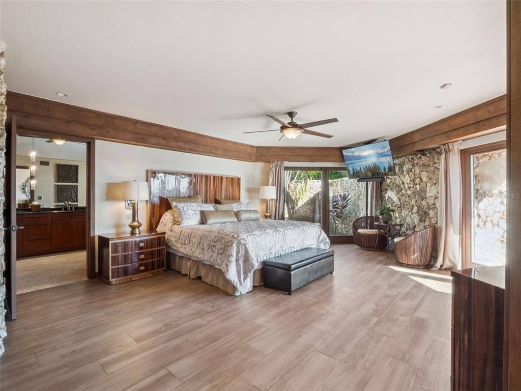 Bedroom, Interior, Recessed Lighting, Stone Walls, Wood Texture Flooring