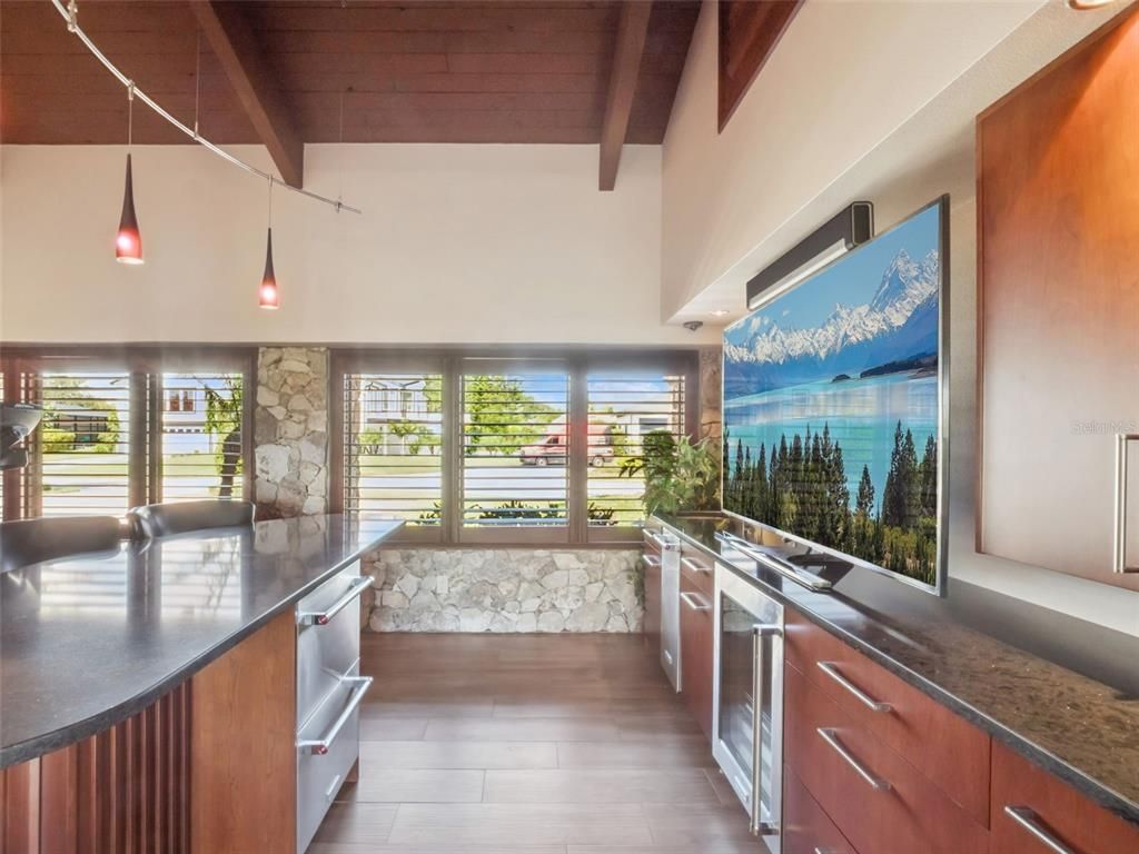 Interior, Kitchen, Pendant Lights, Stainless Steel Appliances, Stone Walls, Water, Wooden Beams, Wooden Ceilings, Wood Texture Flooring