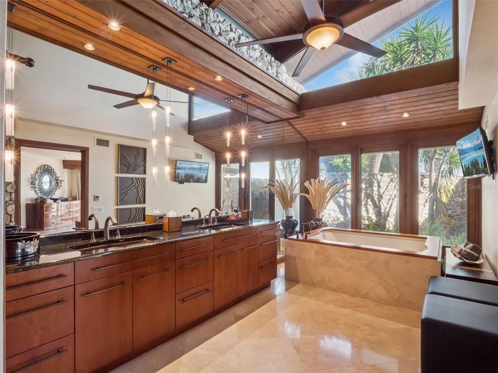 Bathroom, Dual Sink Vanities, Interior, Pendant Lights, Recessed Lighting, Wooden Ceilings