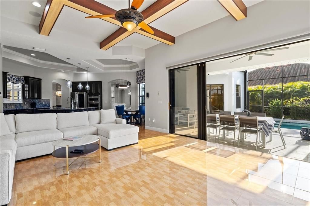 Dining room, Interior, Kitchen, Living room, Recessed Lighting, Wood Texture Flooring