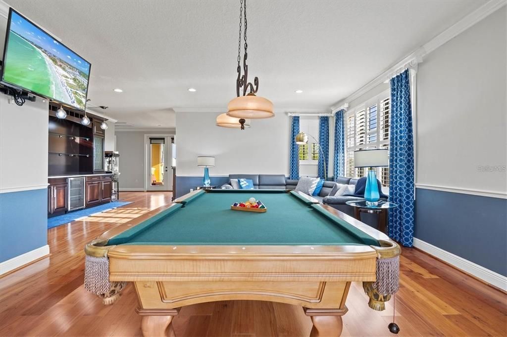 Billiard Table, Game Room, Interior, Pendant Lights, Recessed Lighting, Wood Texture Flooring
