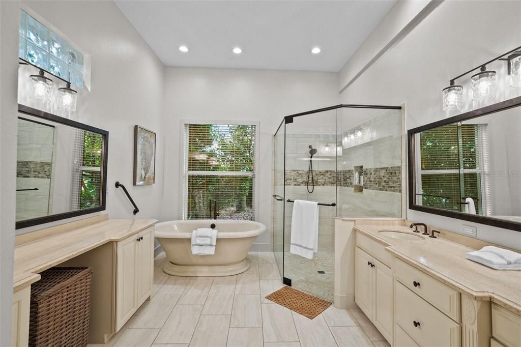 Bathroom, Dual Sink Vanities, Free Standing Baths, Glass Shower, Interior, Recessed Lighting