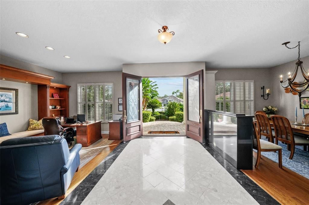 Chandelier, Dining room, Interior, Living room, Marble, Recessed Lighting, Wood Texture Flooring