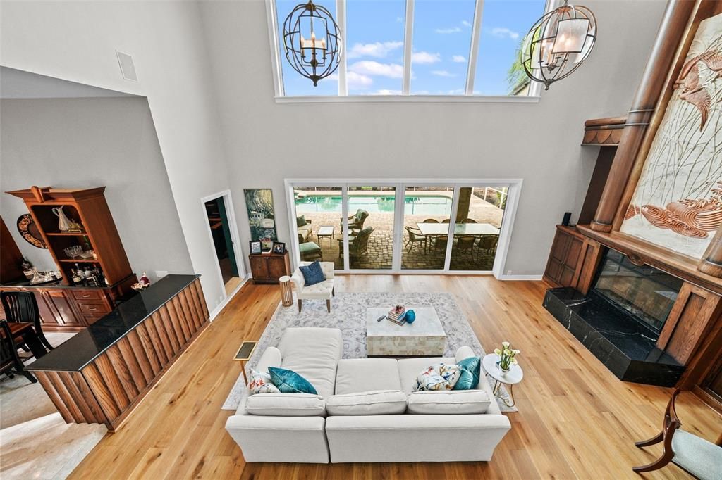 Chandelier, Fireplace, Interior, Living room, Pendant Lights, Wood Texture Flooring