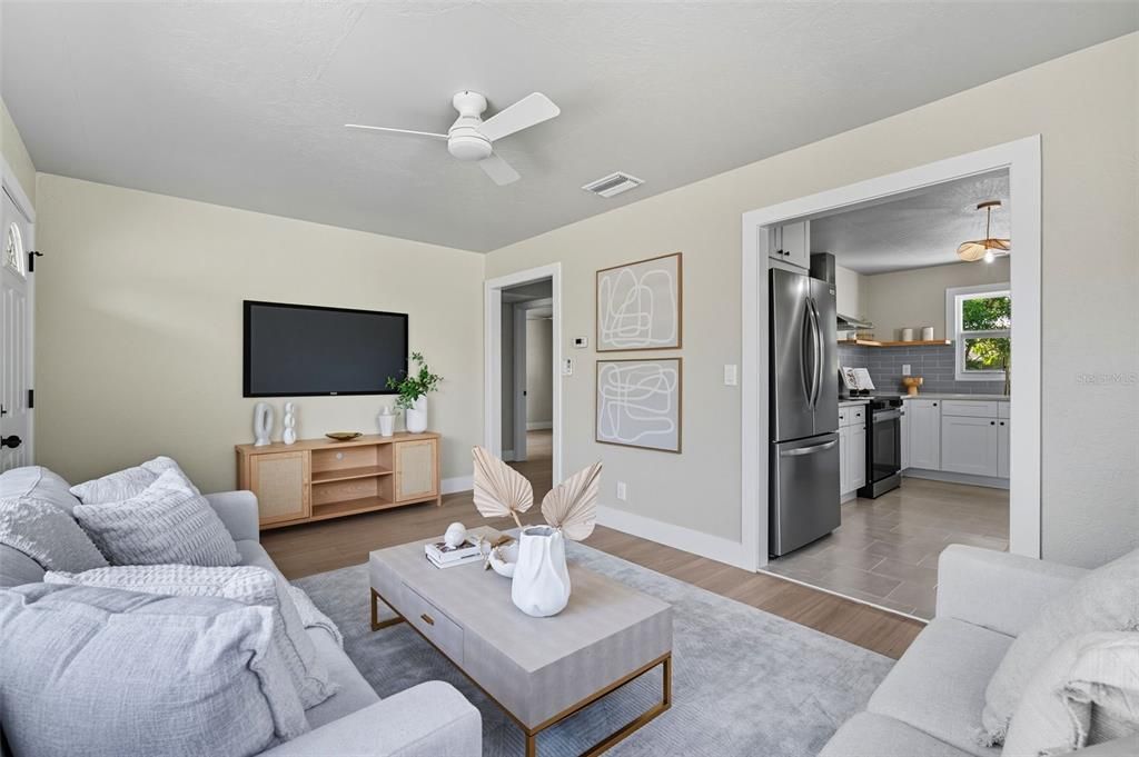 Interior, Kitchen, Living room, Pendant Lights, Stainless Steel Appliances, Wood Texture Flooring