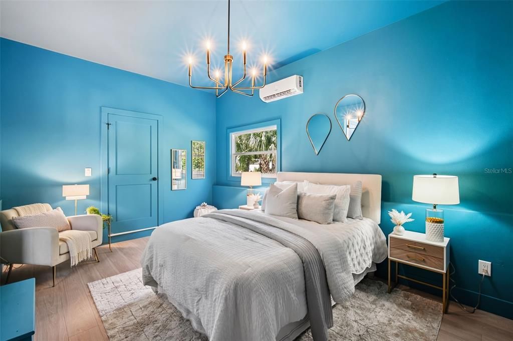 Bedroom, Chandelier, Interior, Wood Texture Flooring