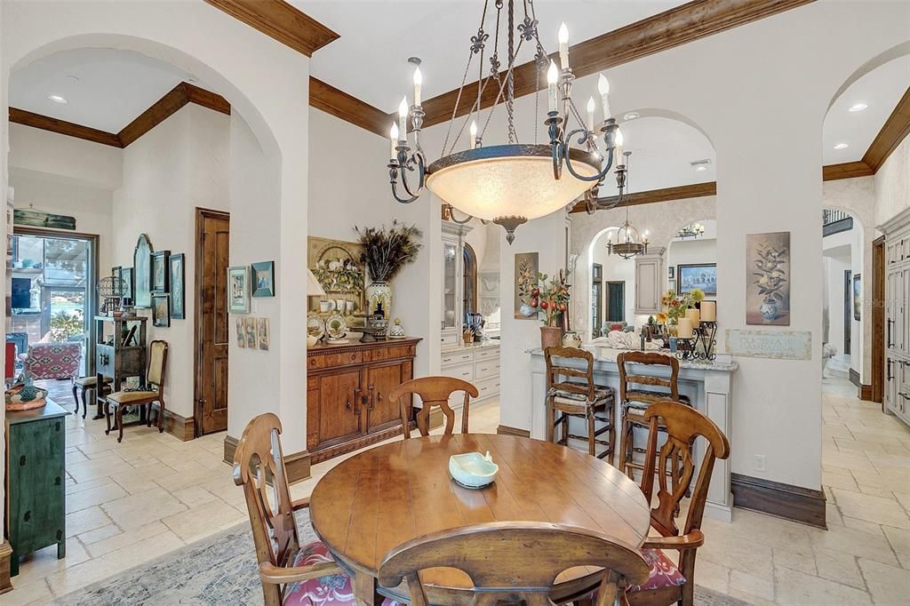 Chandelier, Dining room, Interior, Pendant Lights, Recessed Lighting, Wooden Beams