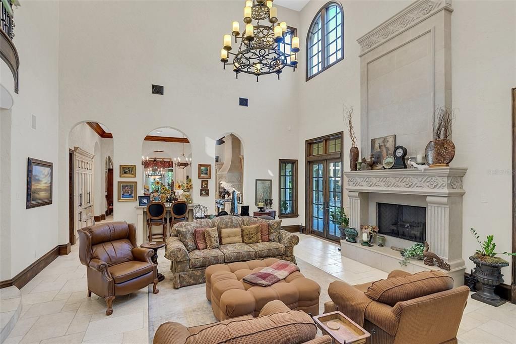 Chandelier, Fireplace, Interior, Living room