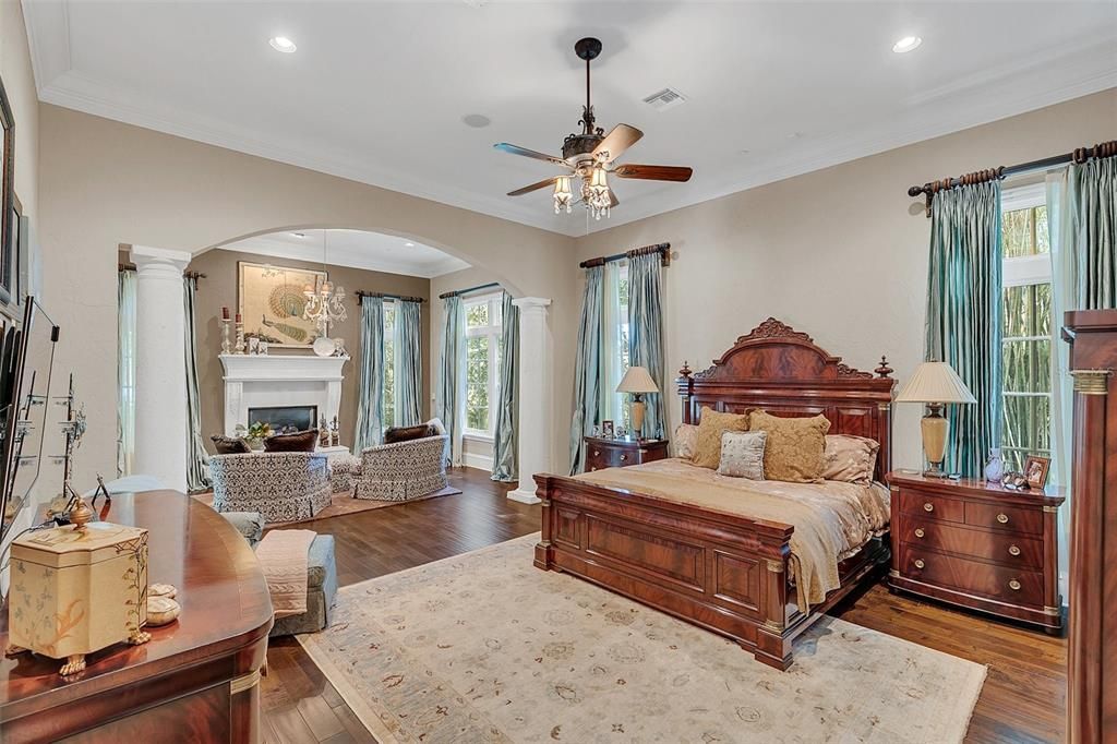 Bedroom, Fireplace, Interior, Recessed Lighting, Wood Texture Flooring
