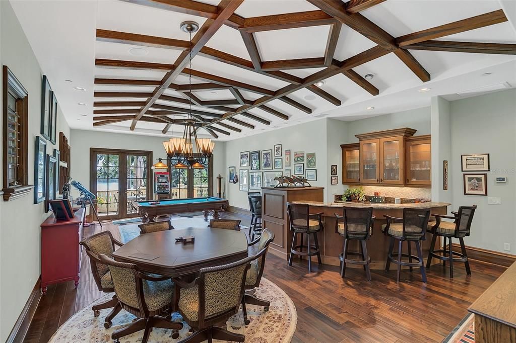 Billiard Table, Chandelier, Dining room, Game Room, Interior, Recessed Lighting, Wooden Beams, Wood Texture Flooring