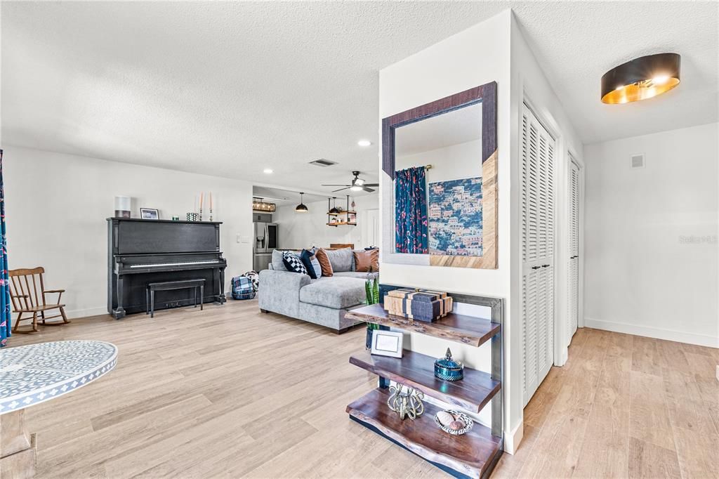 Interior, Living room, Piano, Recessed Lighting, Wood Texture Flooring