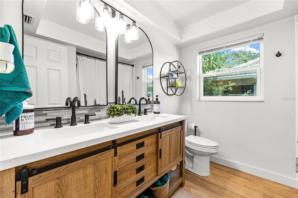 Bathroom, Dual Sink Vanities, Interior, Wood Texture Flooring