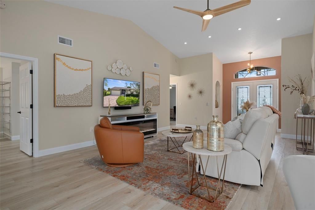 Interior, Living room, Pendant Lights, Recessed Lighting, Wood Texture Flooring
