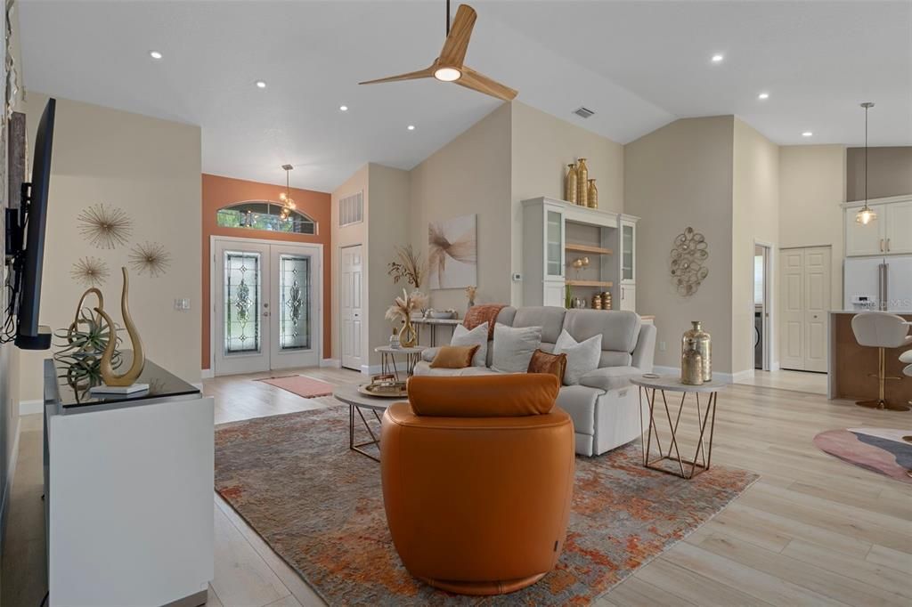 Interior, Living room, Pendant Lights, Recessed Lighting, Wood Texture Flooring