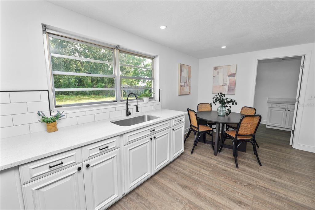 Dining room, Interior, Recessed Lighting, Wood Texture Flooring