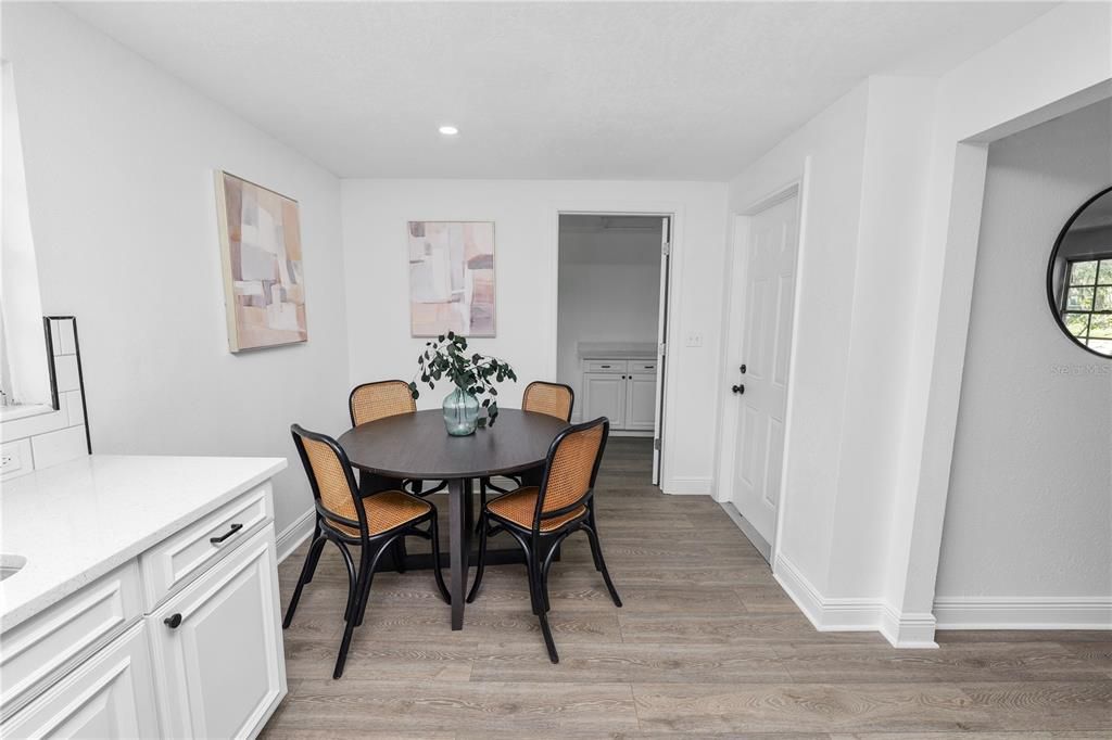 Dining room, Interior, Recessed Lighting, Wood Texture Flooring