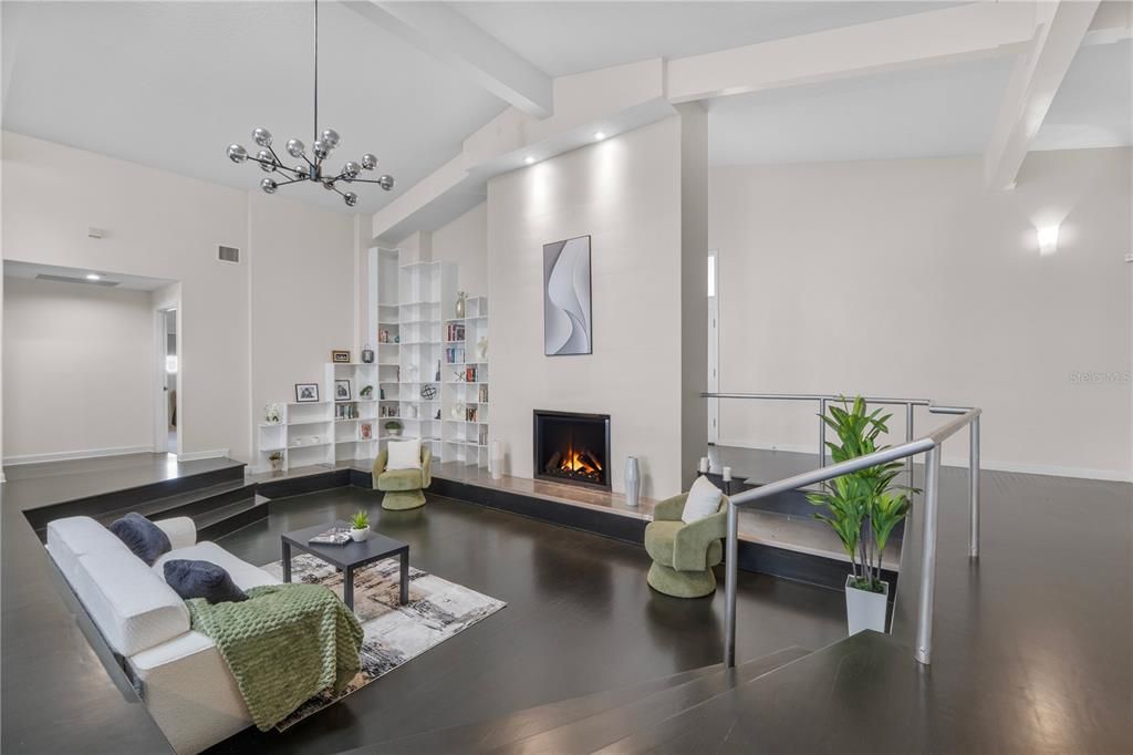 Fireplace, Interior, Living room, Pendant Lights, Recessed Lighting, Wood Texture Flooring