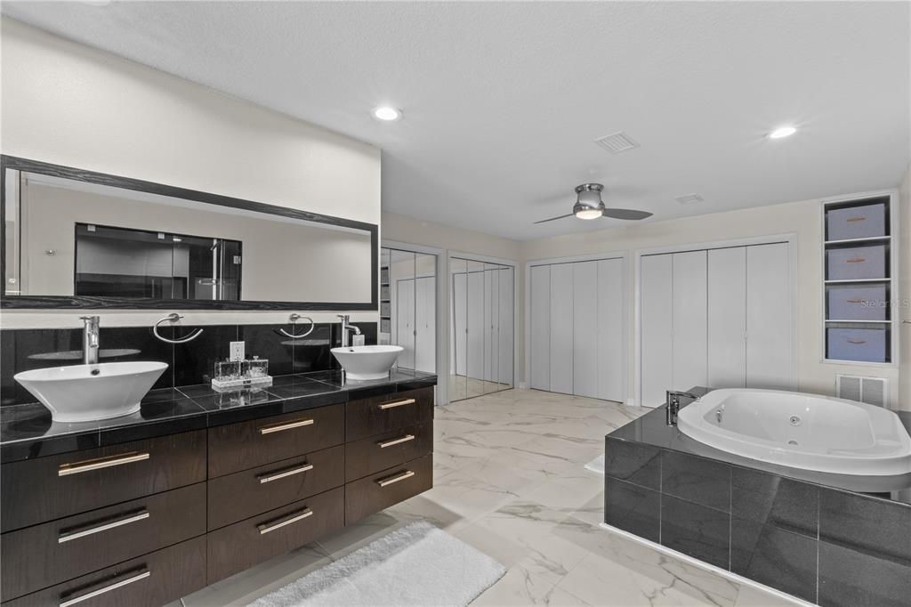 Bathroom, Dual Sink Vanities, Interior, Marble, Recessed Lighting