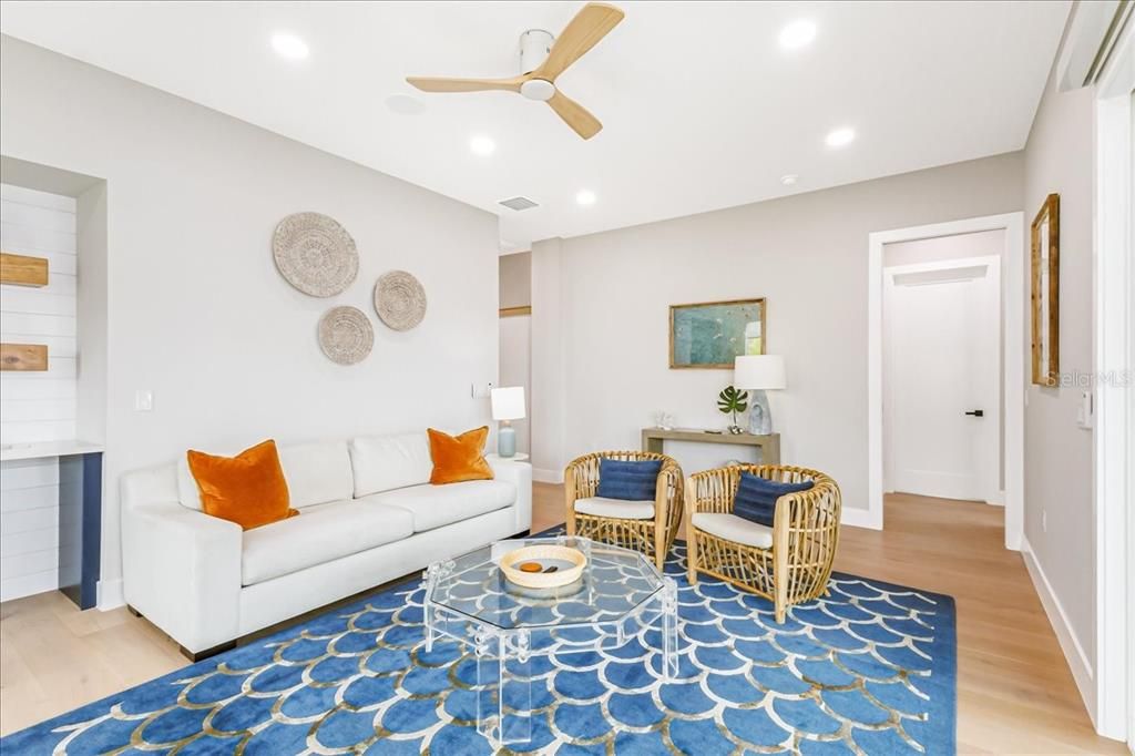 Interior, Living room, Recessed Lighting, Wood Texture Flooring