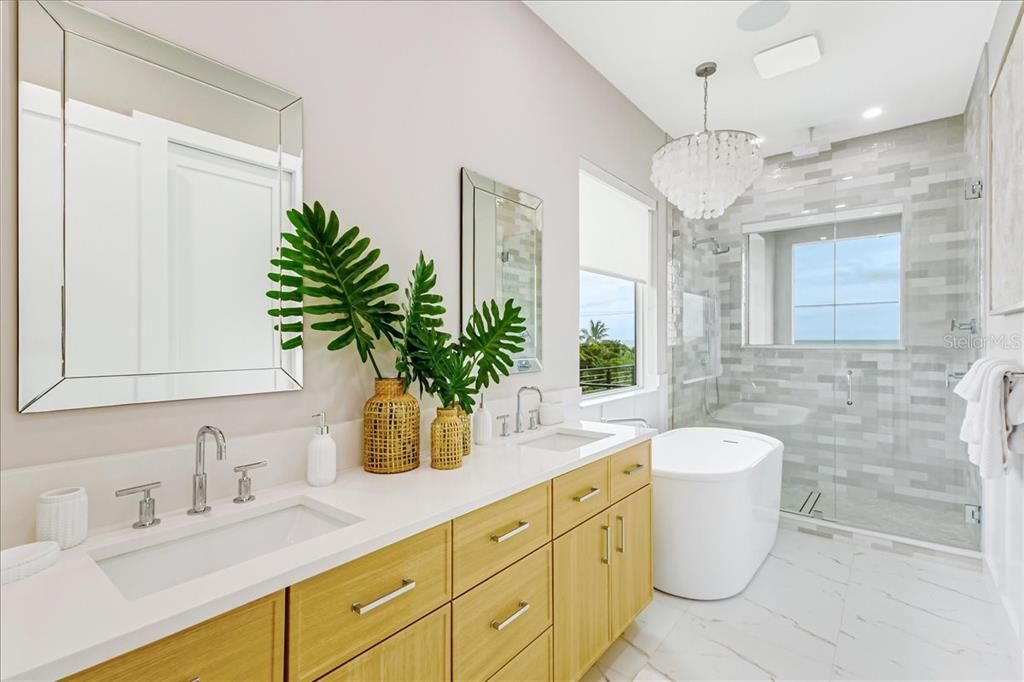 Bathroom, Chandelier, Dual Sink Vanities, Free Standing Baths, Glass Shower, Interior, Marble, Recessed Lighting