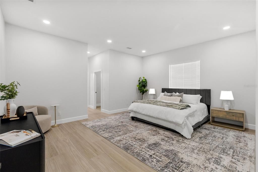 Bedroom, Interior, Recessed Lighting, Wood Texture Flooring