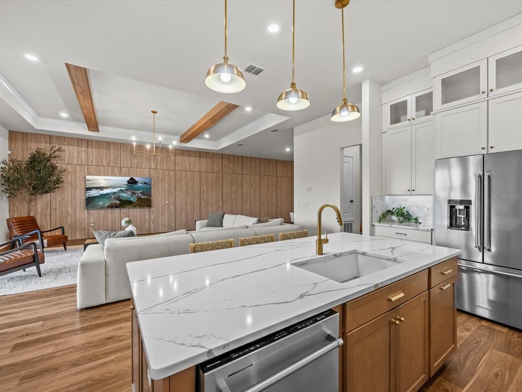 Interior, Kitchen, Living room, Pendant Lights, Recessed Lighting, Stainless Steel Appliances, Wooden Beams, Wood Texture Flooring