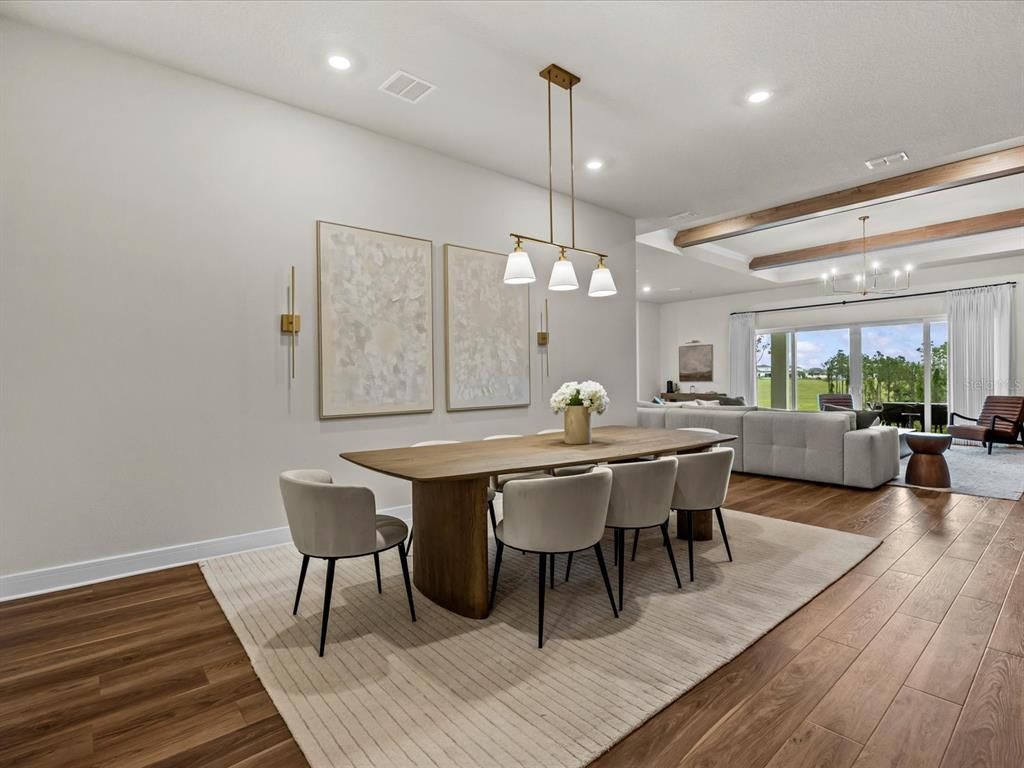 Dining room, Interior, Living room, Pendant Lights, Recessed Lighting, Wood Texture Flooring