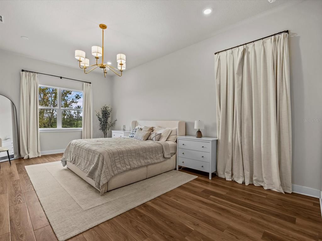 Bedroom, Chandelier, Interior, Recessed Lighting, Wood Texture Flooring