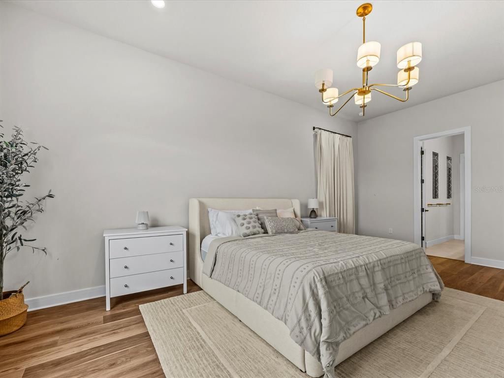 Bedroom, Chandelier, Interior, Recessed Lighting, Wood Texture Flooring