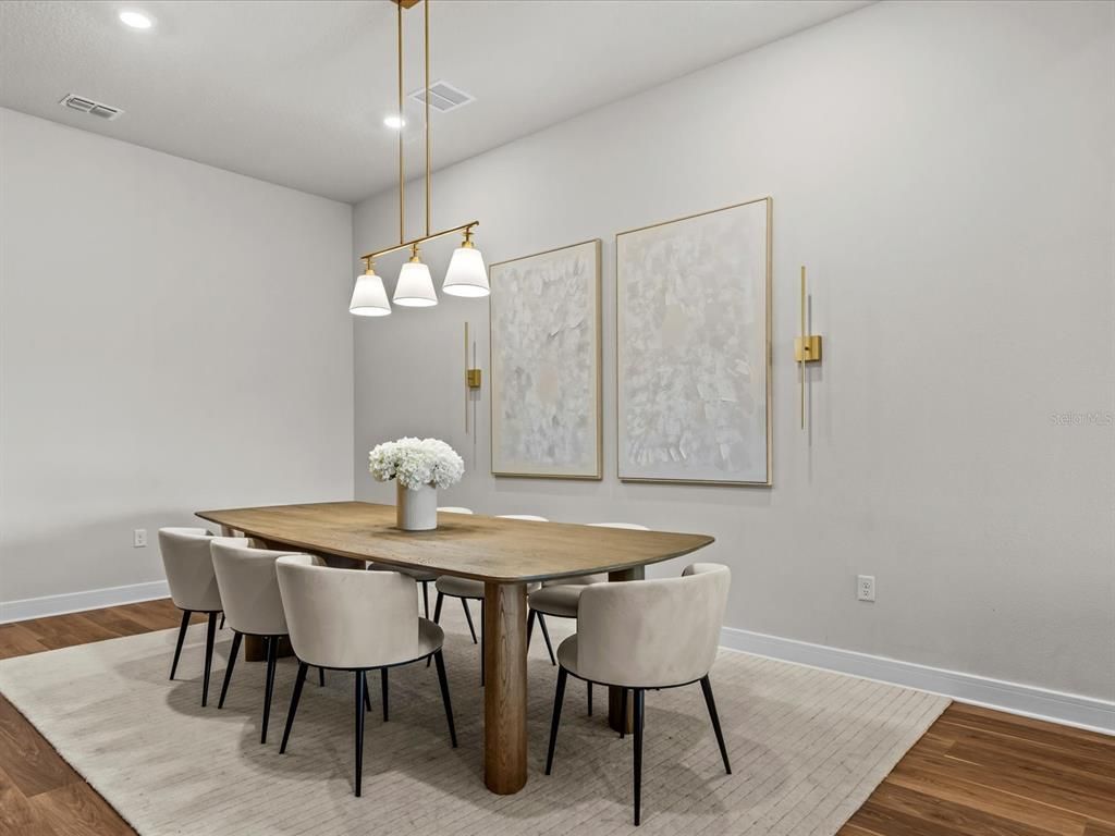 Dining room, Interior, Pendant Lights, Recessed Lighting, Wood Texture Flooring