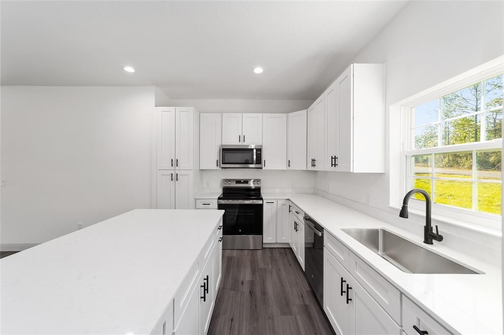 Interior, Kitchen, Recessed Lighting, Stainless Steel Appliances, Wood Texture Flooring
