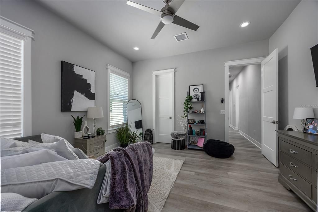 Bedroom, Interior, Recessed Lighting, Wood Texture Flooring