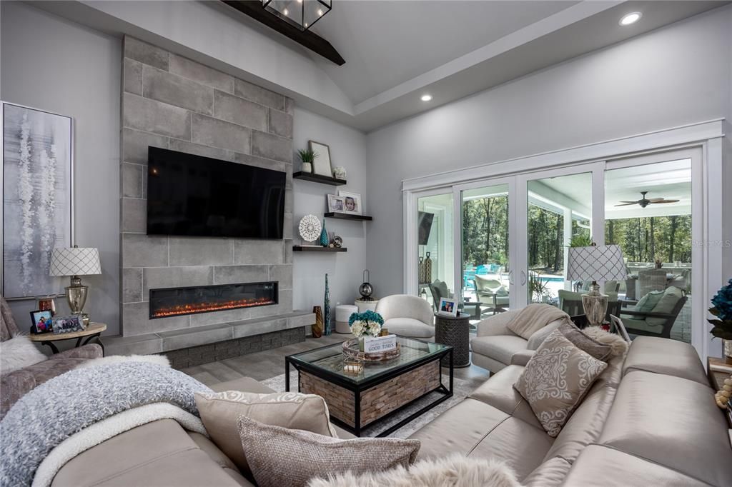 Fireplace, Interior, Living room, Recessed Lighting, Stone Walls