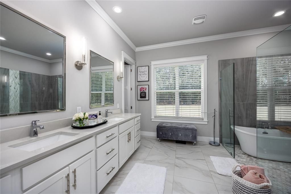Bathroom, Dual Sink Vanities, Free Standing Baths, Glass Shower, Interior, Marble, Recessed Lighting
