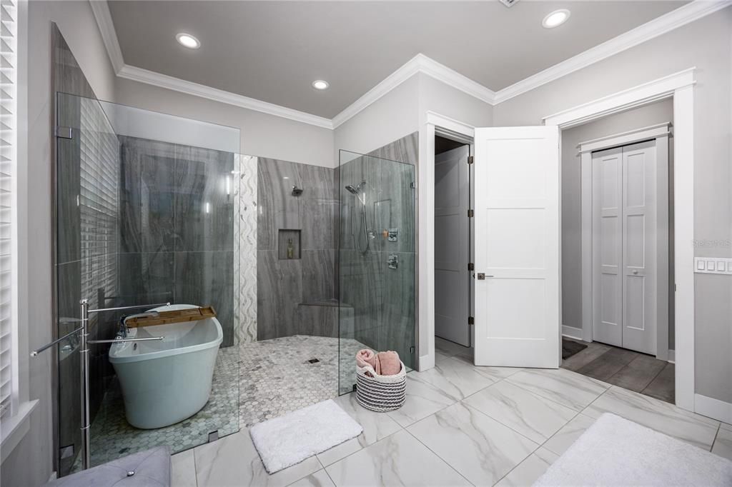 Bathroom, Free Standing Baths, Glass Shower, Interior, Marble, Recessed Lighting