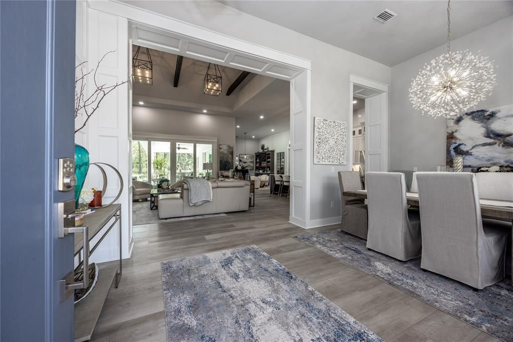 Dining room, Interior, Living room, Pendant Lights, Recessed Lighting, Wood Texture Flooring