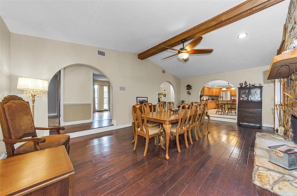 Dining room, Fireplace, Interior, Recessed Lighting, Wooden Beams, Wood Texture Flooring