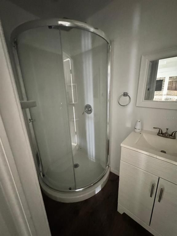 Bathroom, Glass Shower, Interior, Wood Texture Flooring