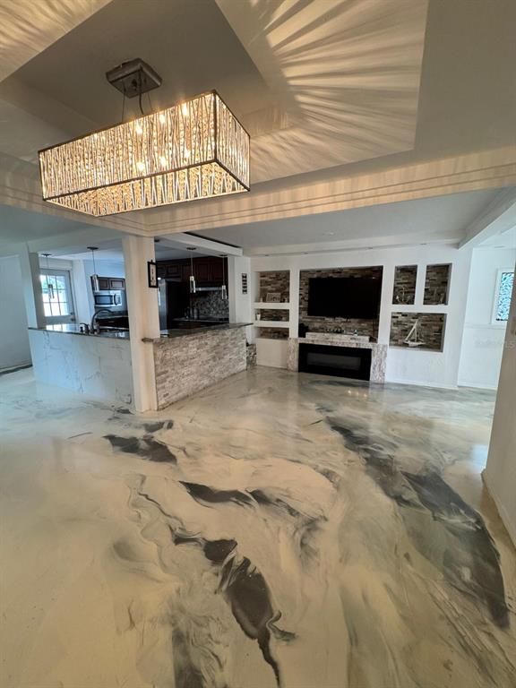 Chandelier, Empty room, Interior, Kitchen, Marble