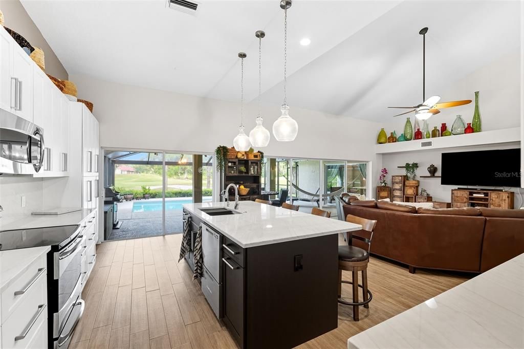 Interior, Kitchen, Living room, Pendant Lights, Recessed Lighting, Wood Texture Flooring