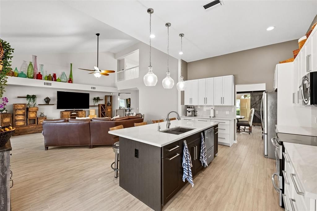 Interior, Kitchen, Living room, Pendant Lights, Recessed Lighting, Wood Texture Flooring