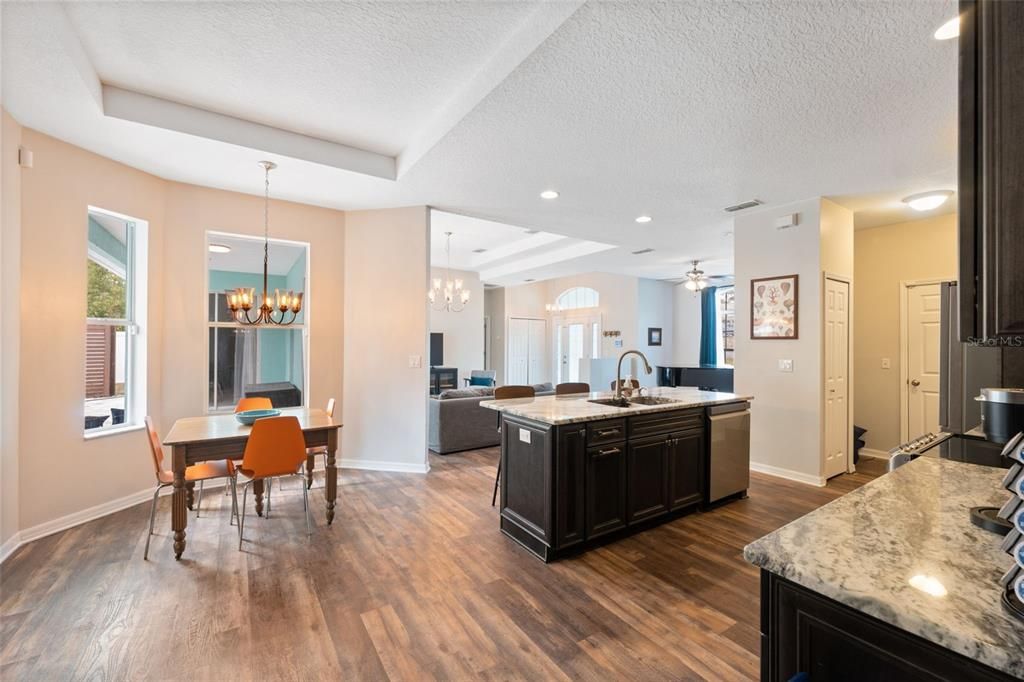 Chandelier, Dining room, Interior, Kitchen, Pendant Lights, Recessed Lighting, Wood Texture Flooring