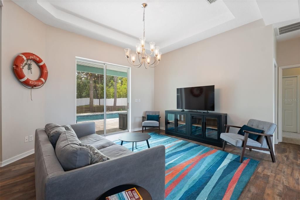 Chandelier, Interior, Living room, Wood Texture Flooring