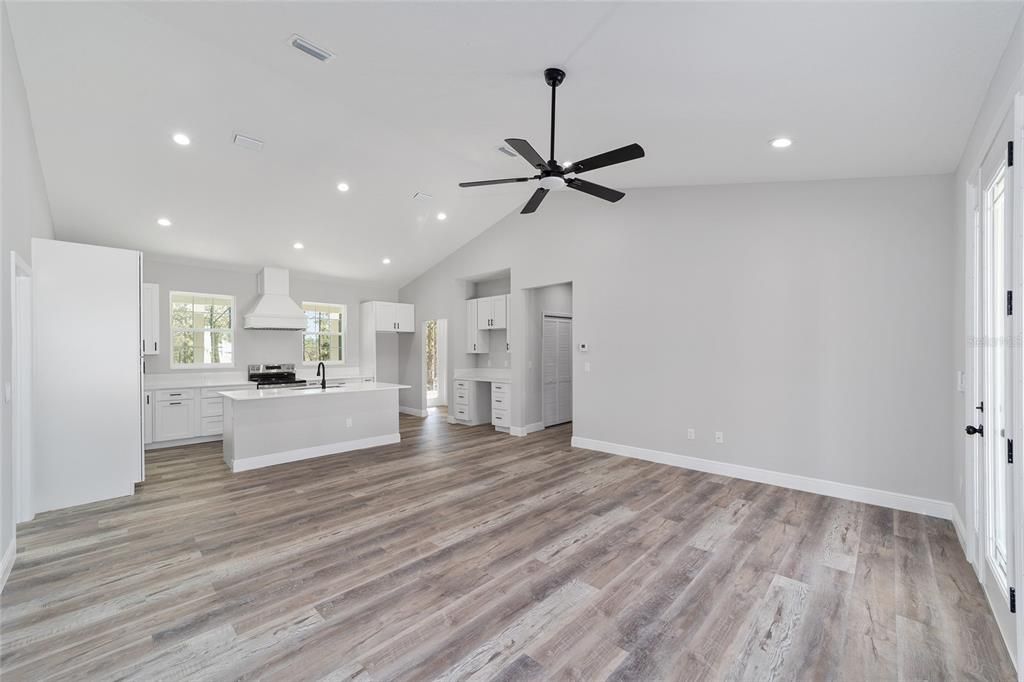 Empty room, Interior, Kitchen, Recessed Lighting, Wood Texture Flooring