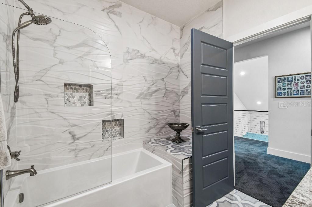 Bathroom, Glass Shower, Interior, Marble Walls, Recessed Lighting