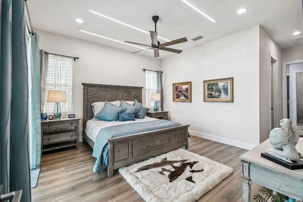 Bedroom, Interior, Recessed Lighting, Wood Texture Flooring