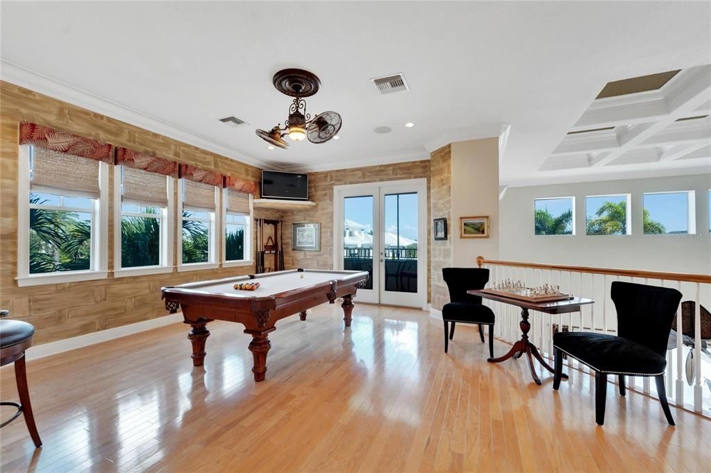 Billiard Table, Game Room, Interior, Recessed Lighting, Stone Walls, Wood Texture Flooring